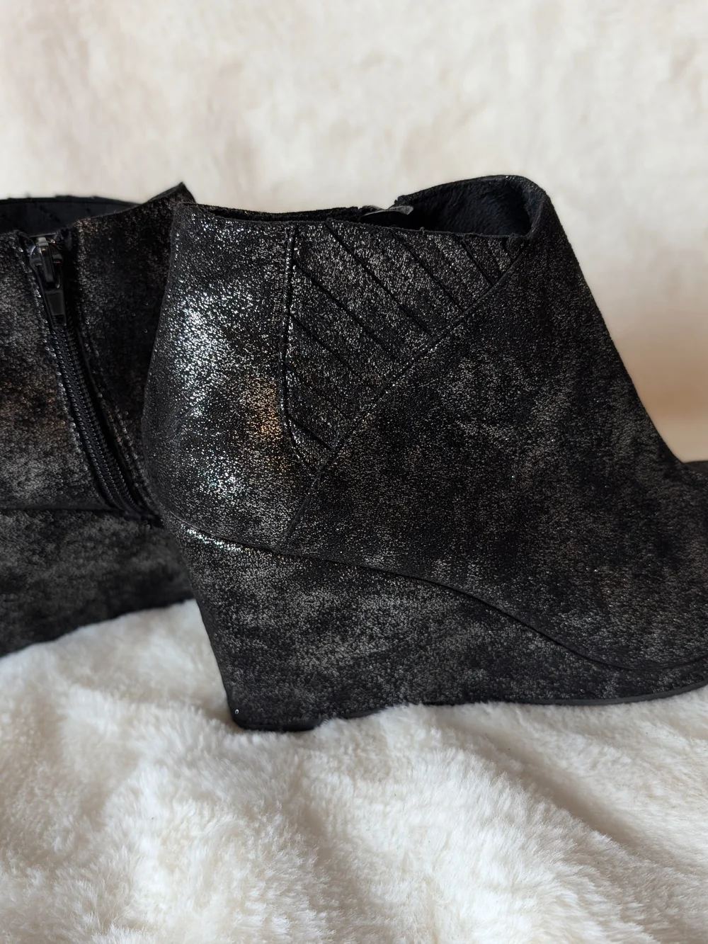 Sparkle Black Wedge Ankle Booties with Side Zip